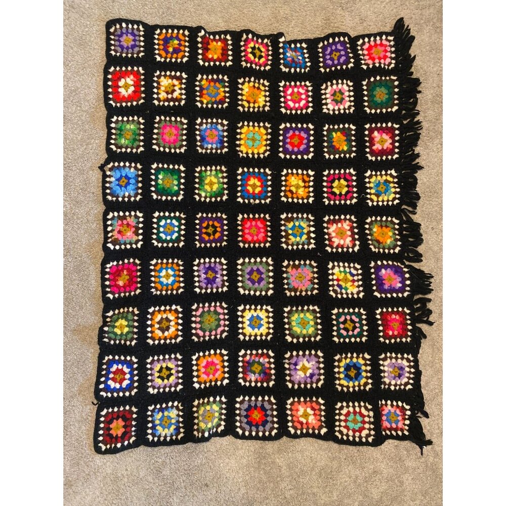 Handmade Crochet Granny Square Afghan Blanket With Black Base & Multicolor Squar